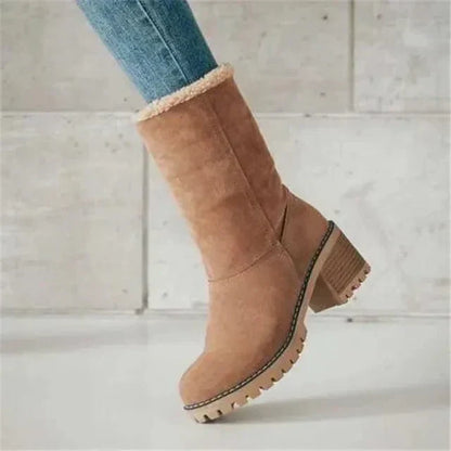 Women's winter boots with chunky block heel and fold over cuff