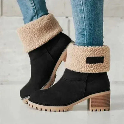 Women's winter boots with chunky block heel and fold over cuff