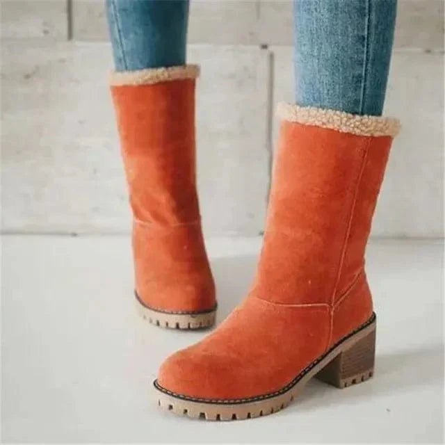 Women's winter boots with chunky block heel and fold over cuff