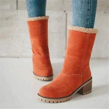 Women's winter boots with chunky block heel and fold over cuff