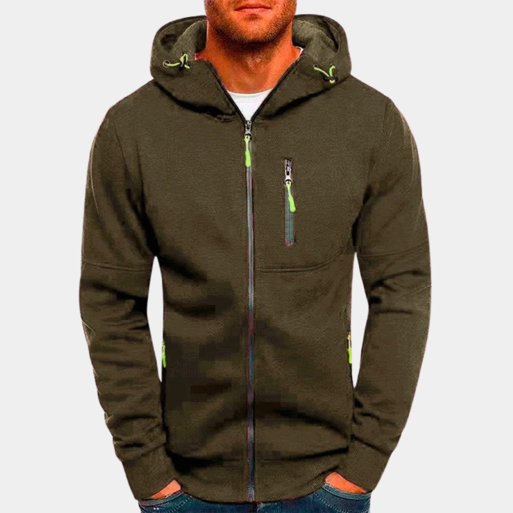Mens hoodies with zip up front and hood, zip pockets for men