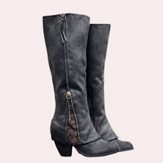 Knee high boots for women with tassel zip pull, lace panel and round toe