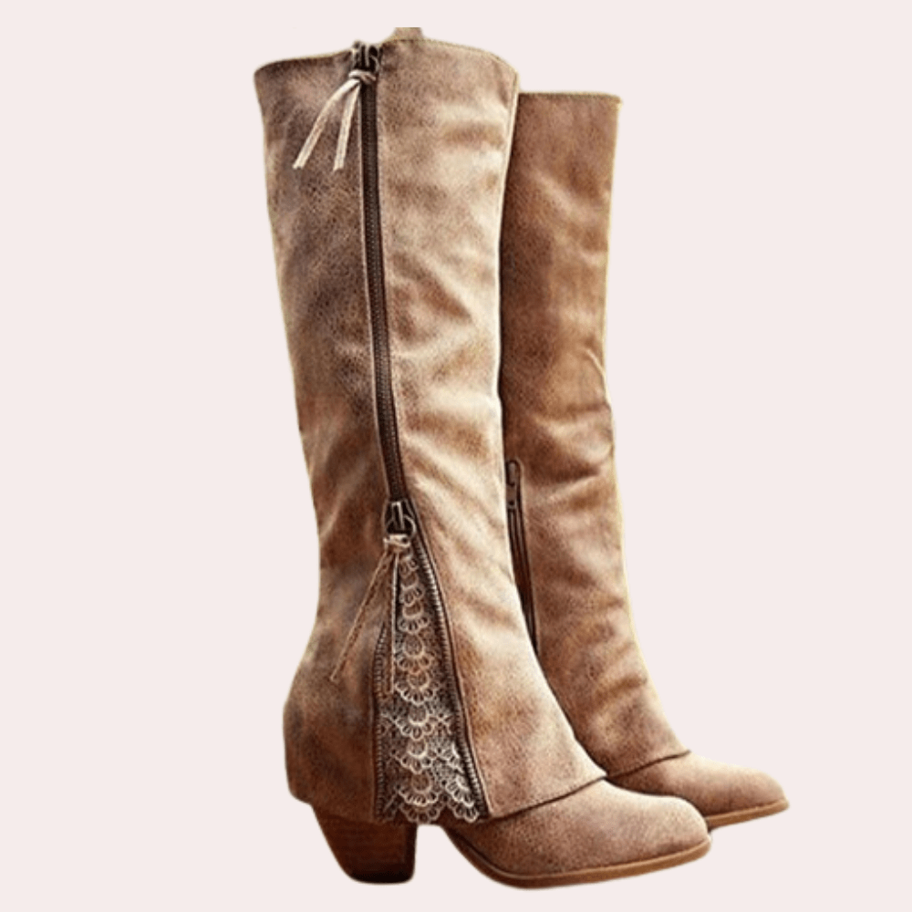 Knee high boots for women with tassel zip pull, lace panel and round toe