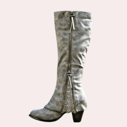 Knee high boots for women with tassel zip pull, lace panel and round toe