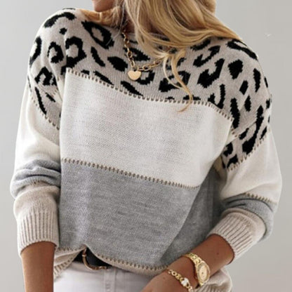 Women's sweaters with leopard print and color block, long sleeve crew neck