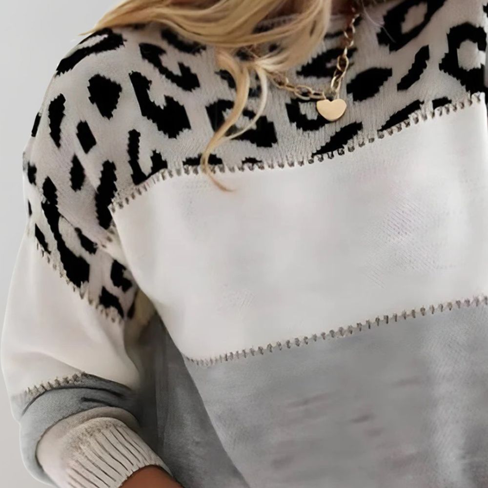 Women's sweaters with leopard print and color block, long sleeve crew neck