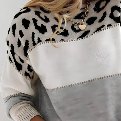 Women's sweaters with leopard print and color block, long sleeve crew neck