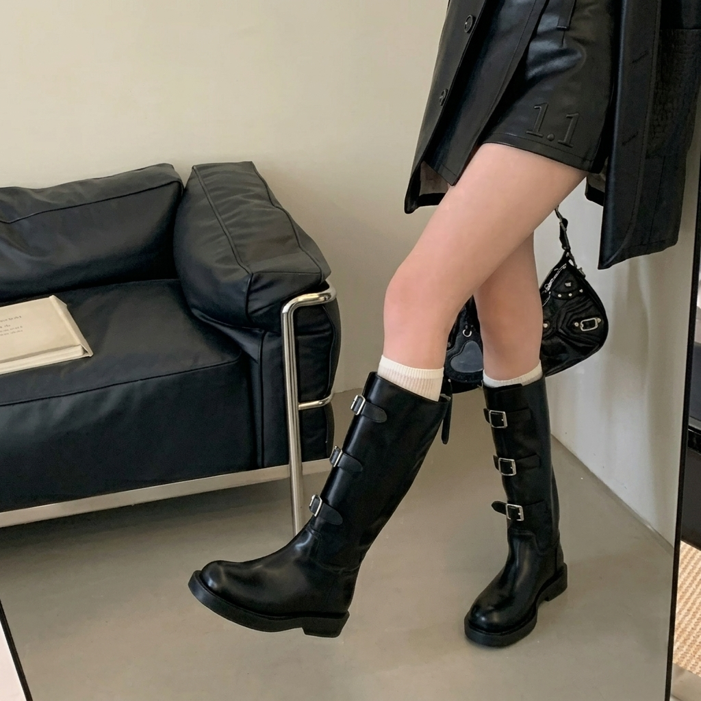 Knee high boots for women with buckle straps and chunky lug sole