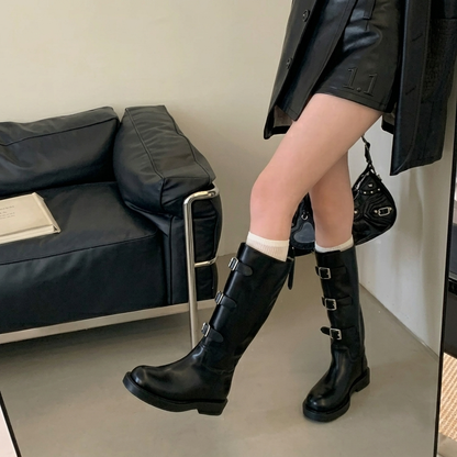 Knee high boots for women with buckle straps and chunky lug sole