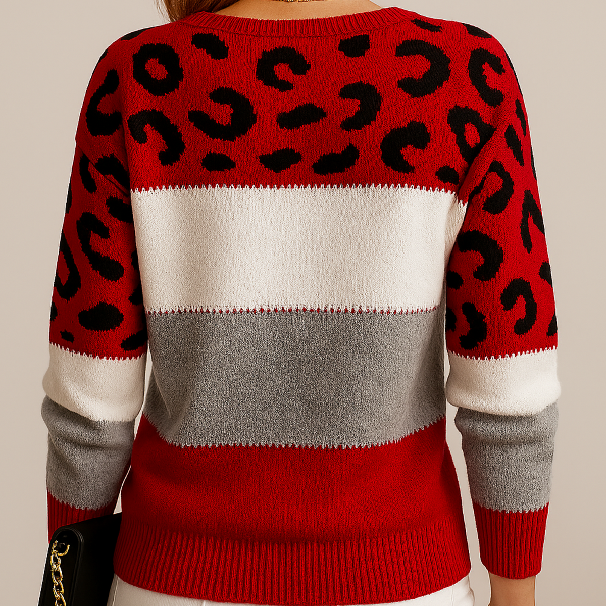 Women's sweaters with leopard print and color block, long sleeve crew neck