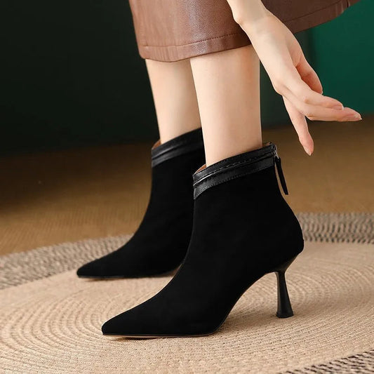 Stiletto heel ankle boots for women with pointed toe and back zip