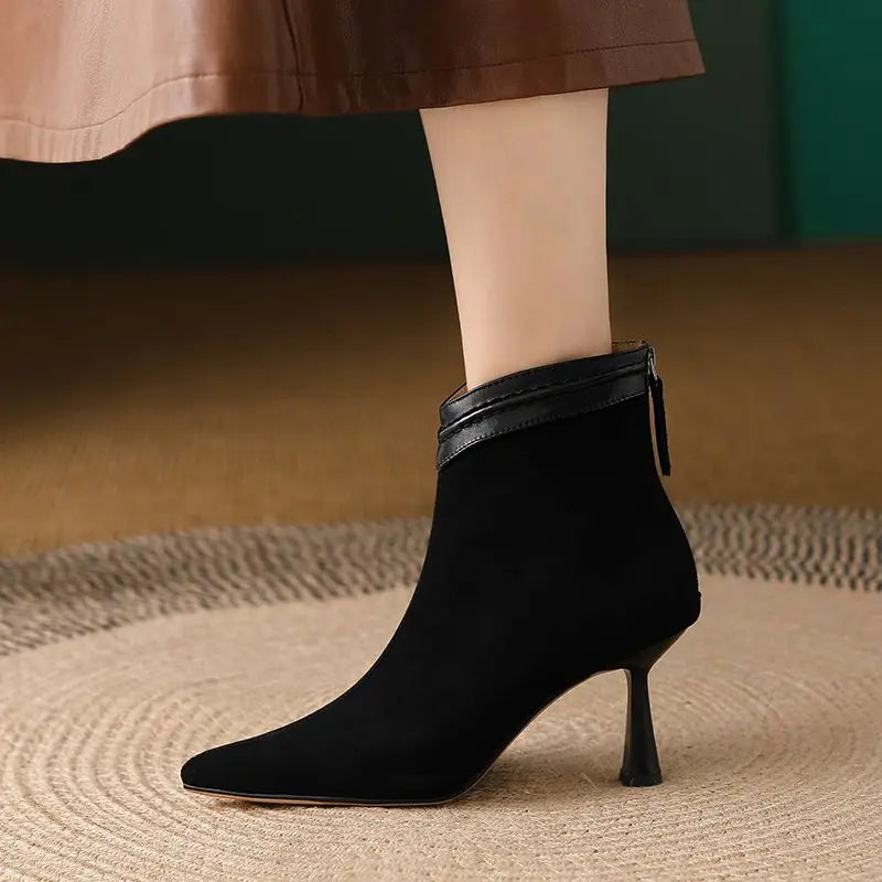 Stiletto heel ankle boots for women with pointed toe and back zip