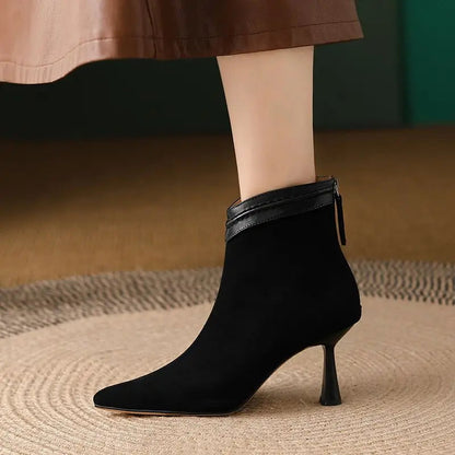 Stiletto heel ankle boots for women with pointed toe and back zip