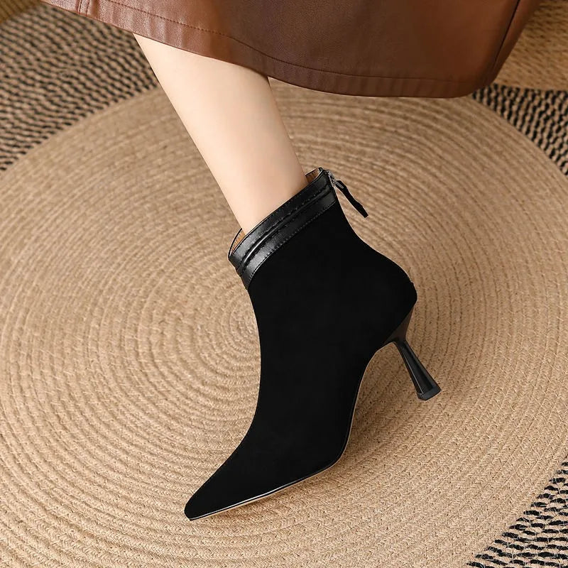 Stiletto heel ankle boots for women with pointed toe and back zip