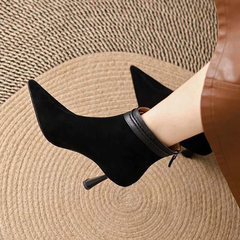 Stiletto heel ankle boots for women with pointed toe and back zip