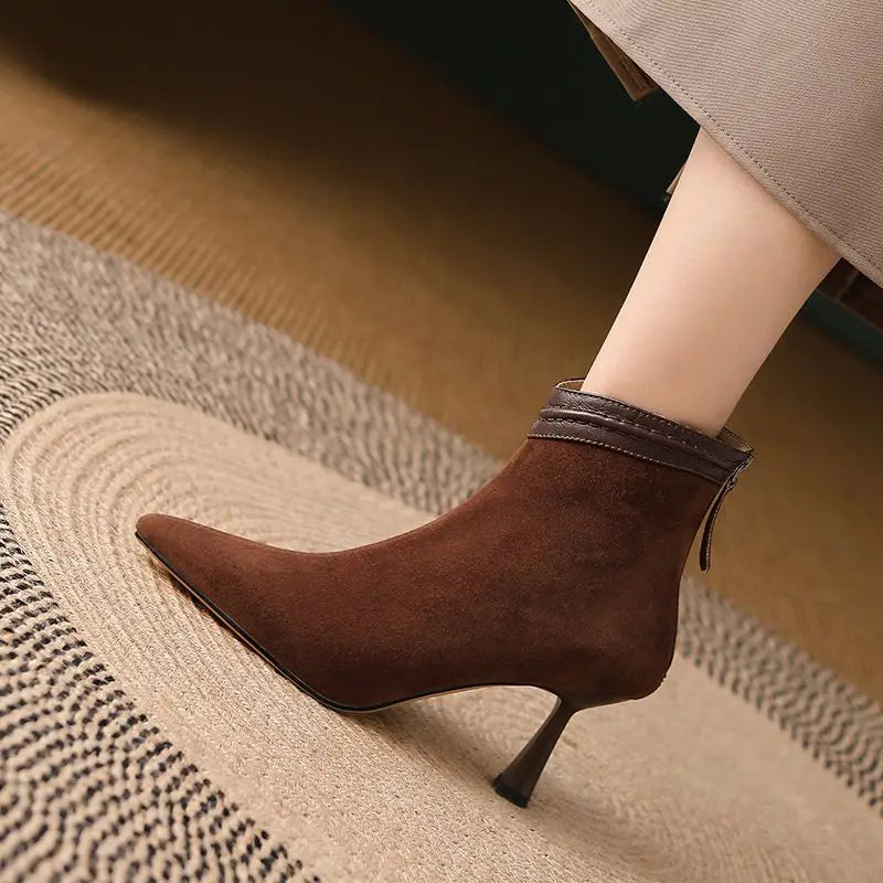 Stiletto heel ankle boots for women with pointed toe and back zip