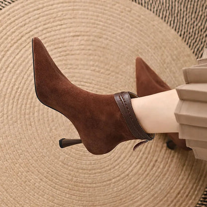 Stiletto heel ankle boots for women with pointed toe and back zip