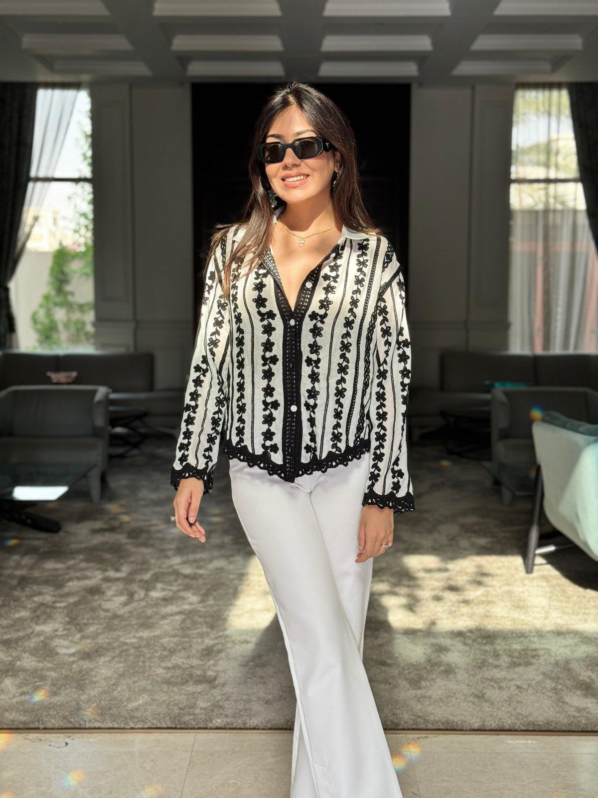 Button down shirts for women with floral embroidery and collar