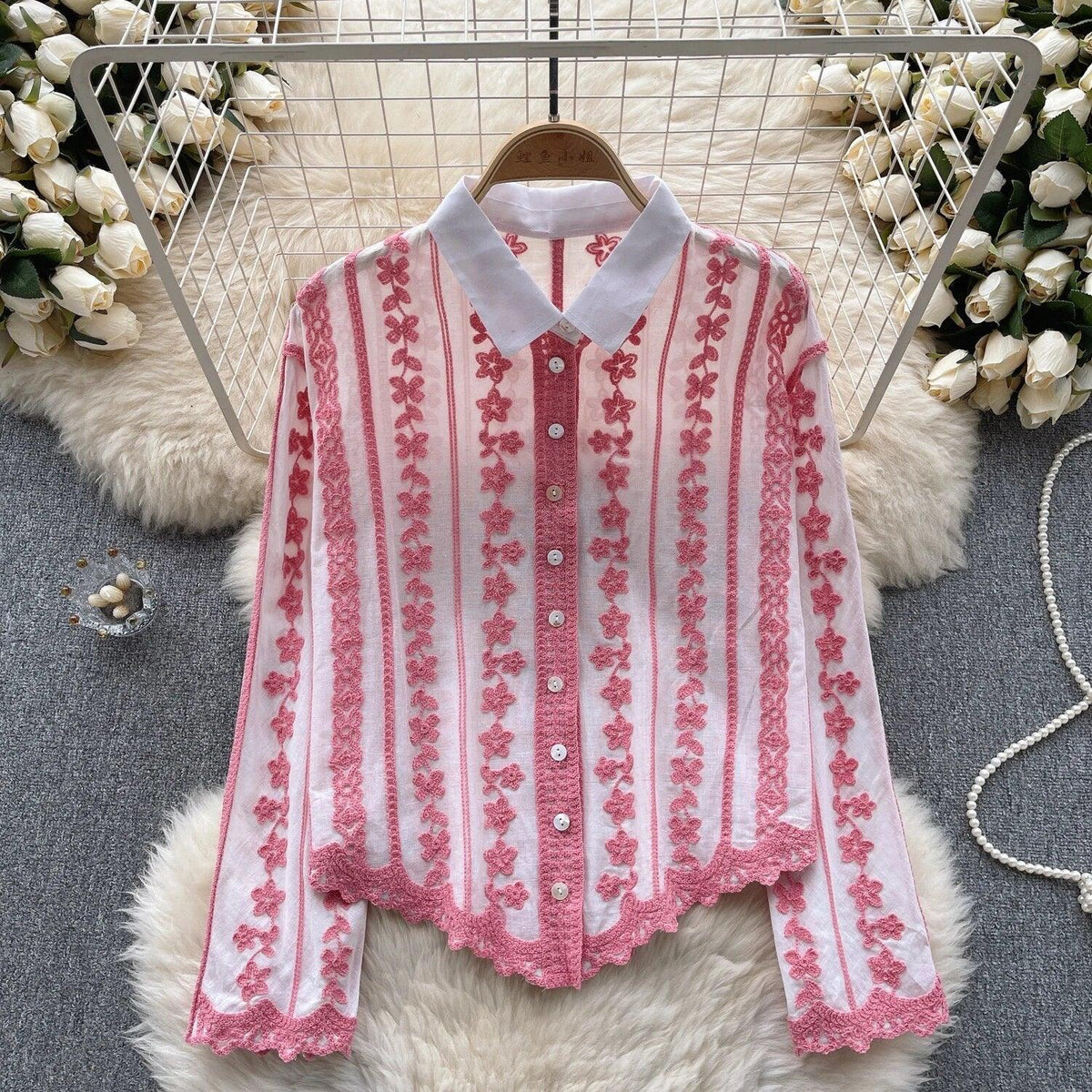 Button down shirts for women with floral embroidery and collar