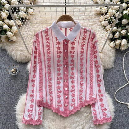 Button down shirts for women with floral embroidery and collar