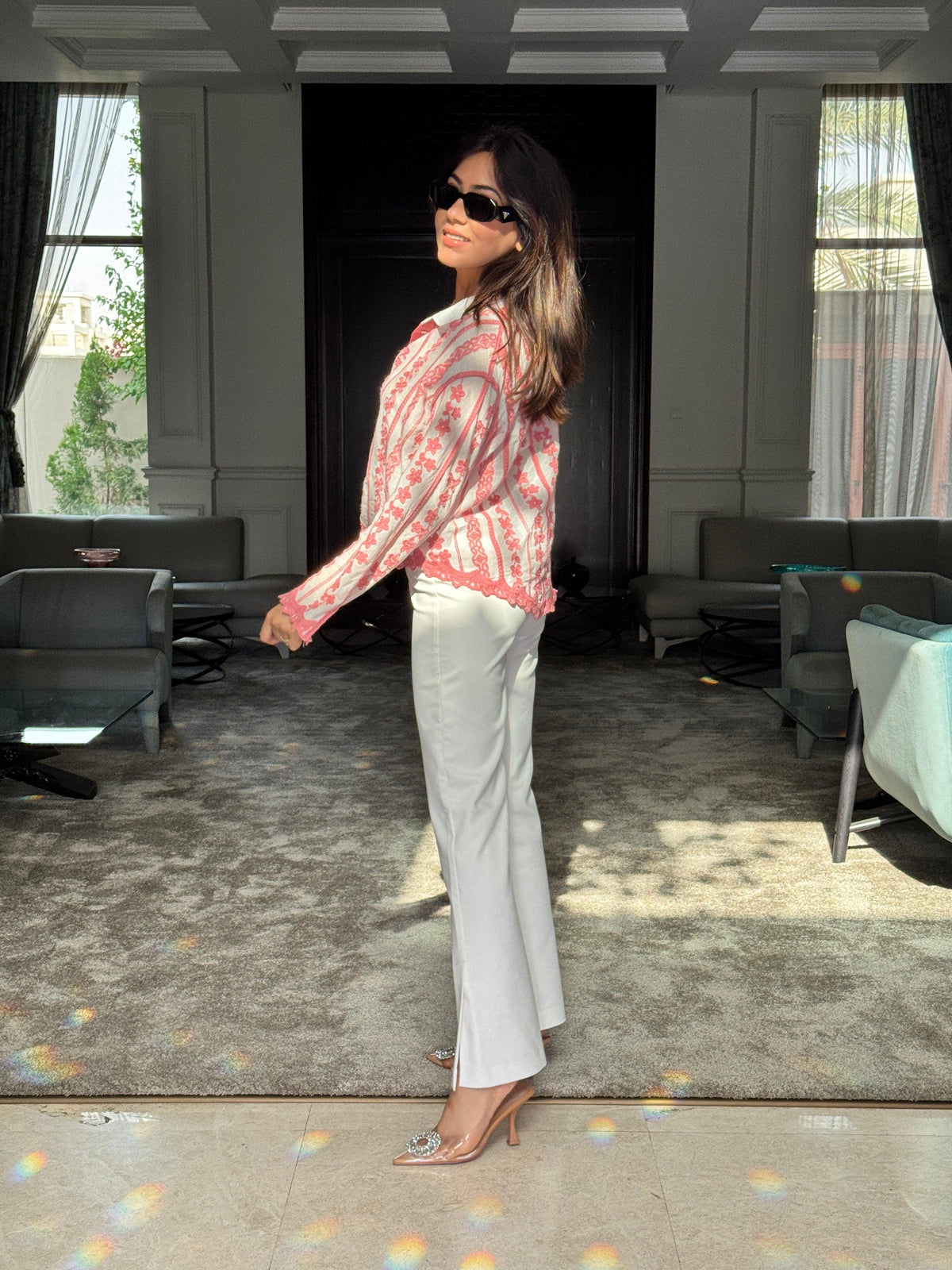 Button down shirts for women with floral embroidery and collar