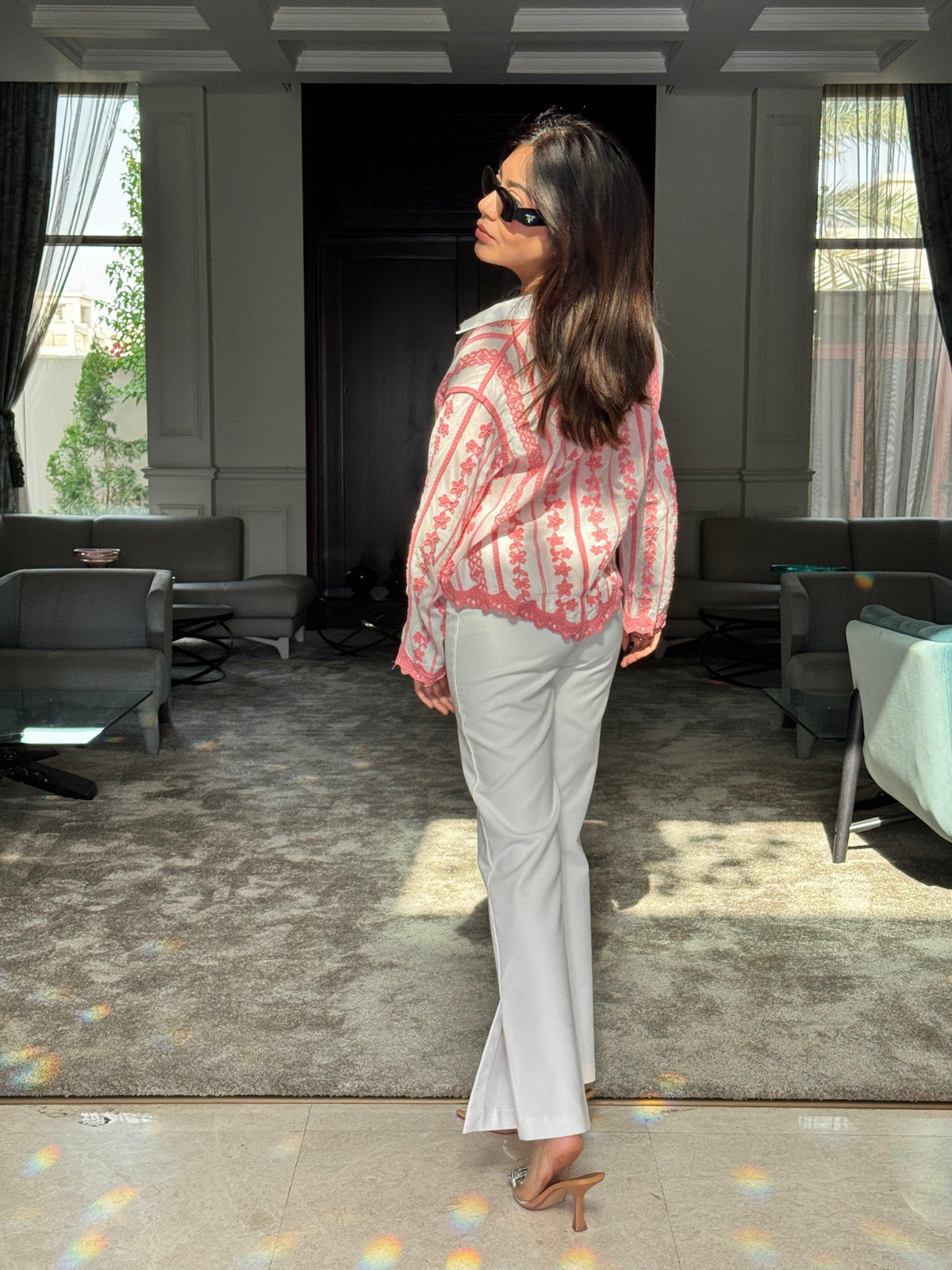 Button down shirts for women with floral embroidery and collar