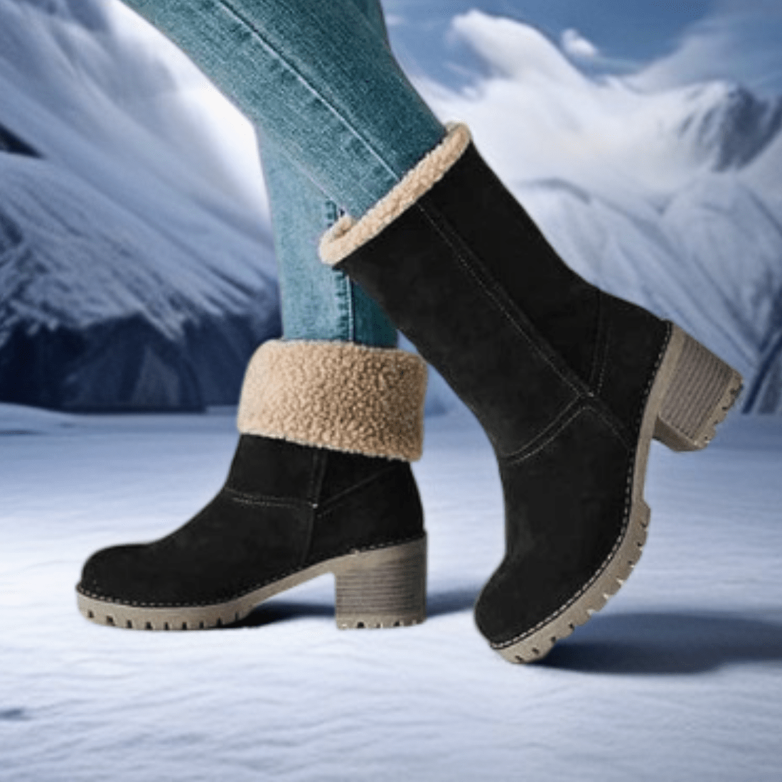 Women's winter boots with chunky block heel and fold over cuff