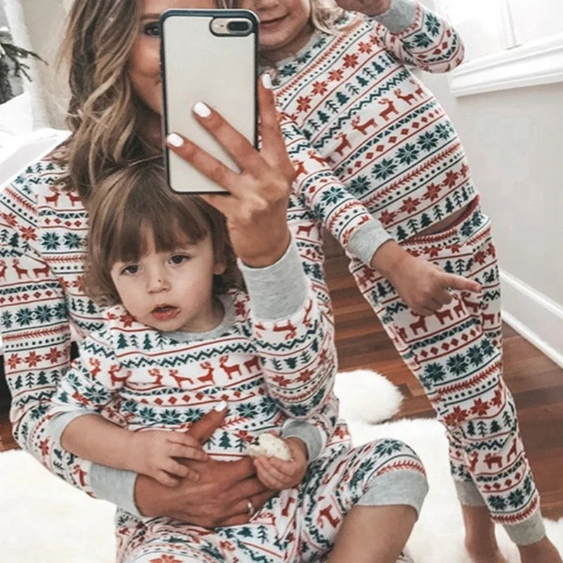 Christmas pajamas family matching two piece set with allover print