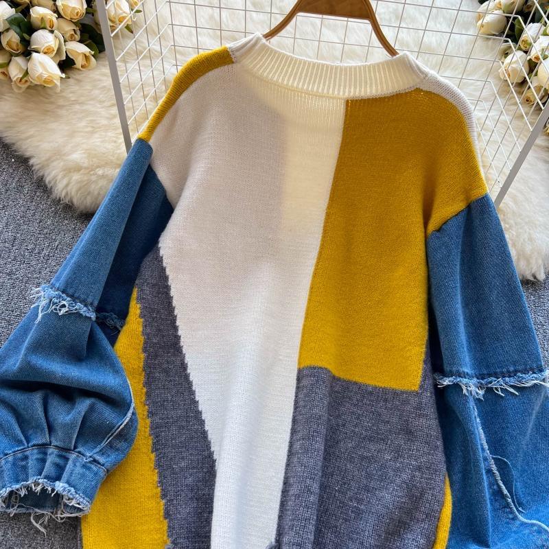 Women's sweaters with denim sleeves and a distressed hem