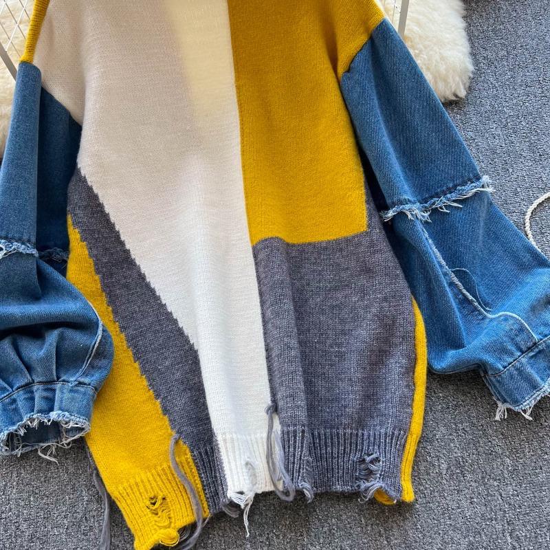 Women's sweaters with denim sleeves and a distressed hem