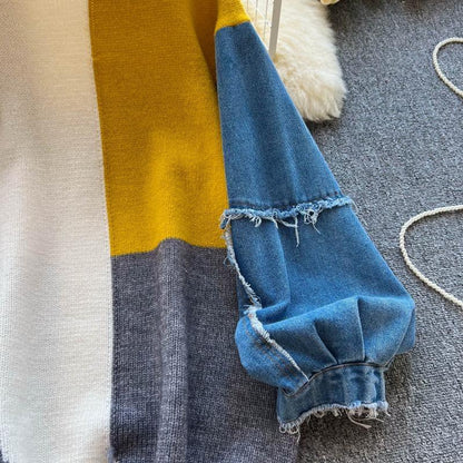 Women's sweaters with denim sleeves and a distressed hem