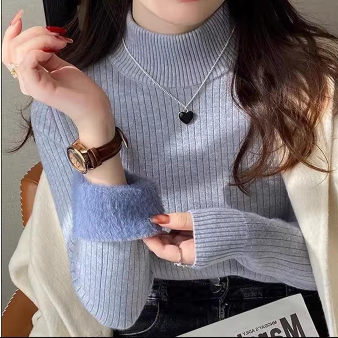 Women's sweaters, fleece lined mock neck pullover with ribbed knit