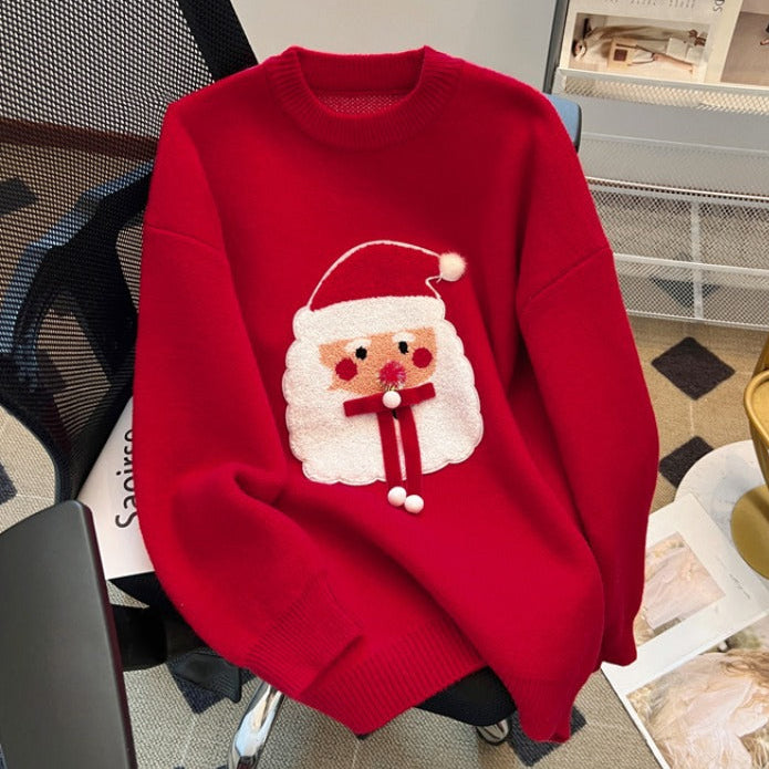 Womens Christmas sweater with Santa patch, crew neck and drop shoulder