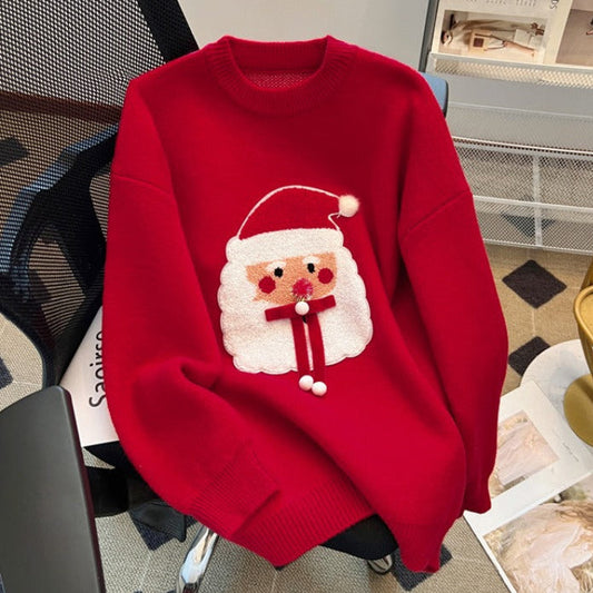 Womens Christmas sweater with Santa patch, crew neck and drop shoulder