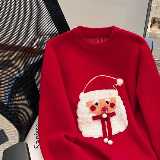 Womens Christmas sweater with Santa patch, crew neck and drop shoulder