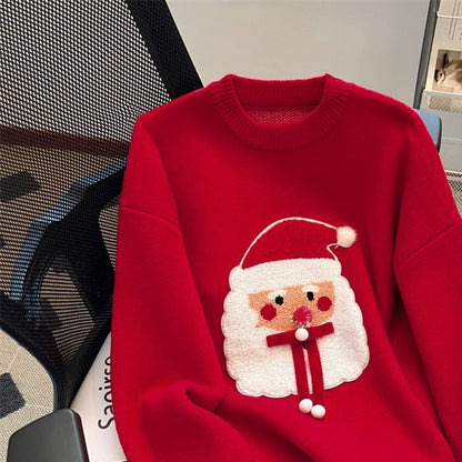 Womens Christmas sweater with Santa patch, crew neck and drop shoulder