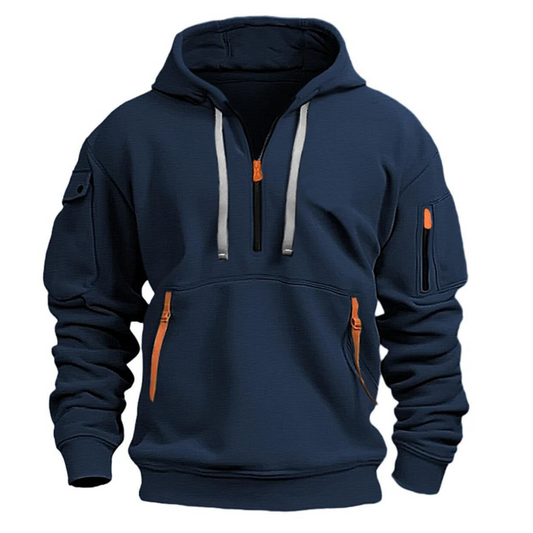 Mens hoodies with half zip and zip pockets, drawstring hood
