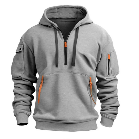 Mens hoodies with half zip and zip pockets, drawstring hood