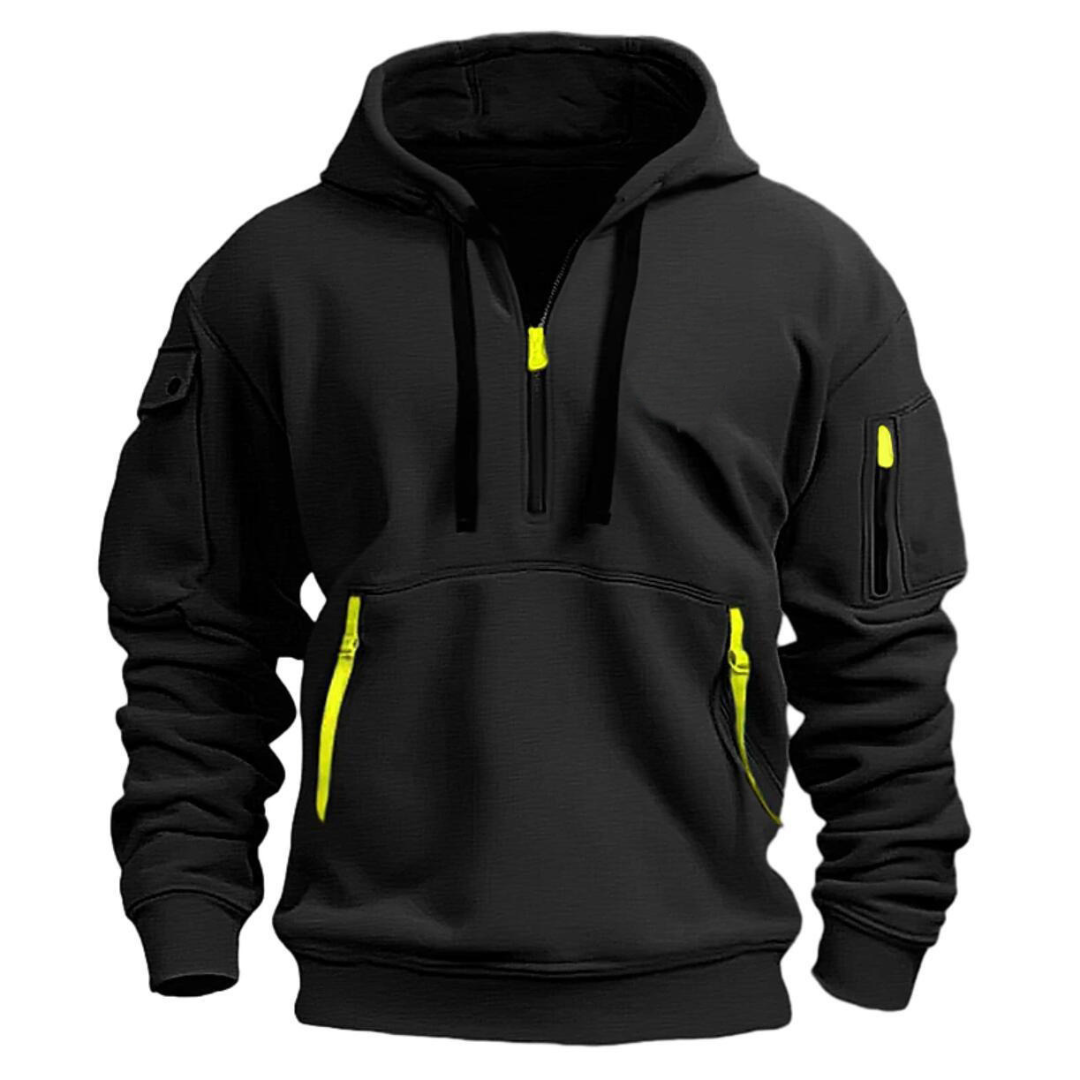 Mens hoodies with half zip and zip pockets, drawstring hood
