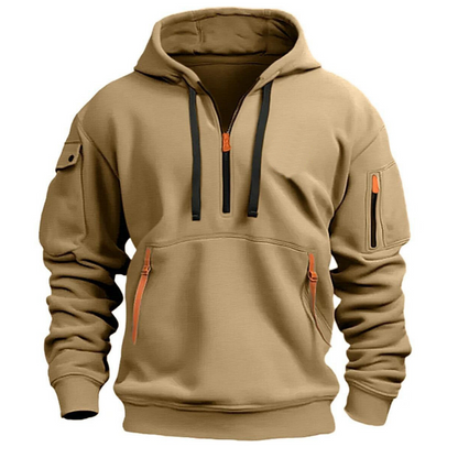 Mens hoodies with half zip and zip pockets, drawstring hood