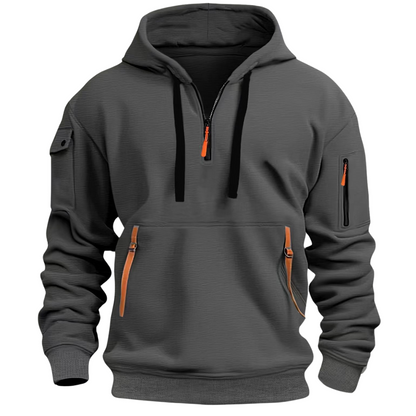 Mens hoodies with half zip and zip pockets, drawstring hood