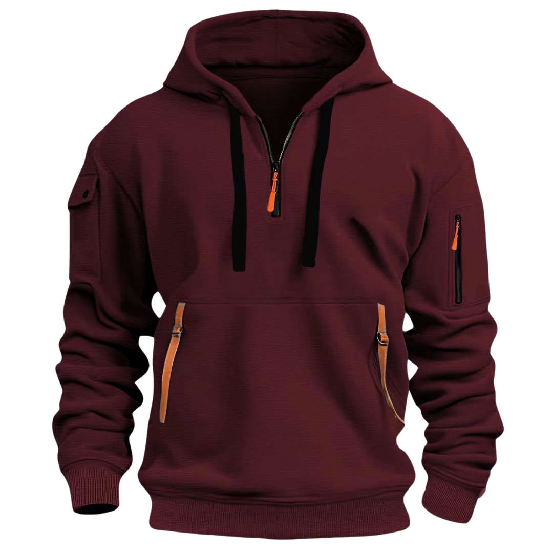 Mens hoodies with half zip and zip pockets, drawstring hood