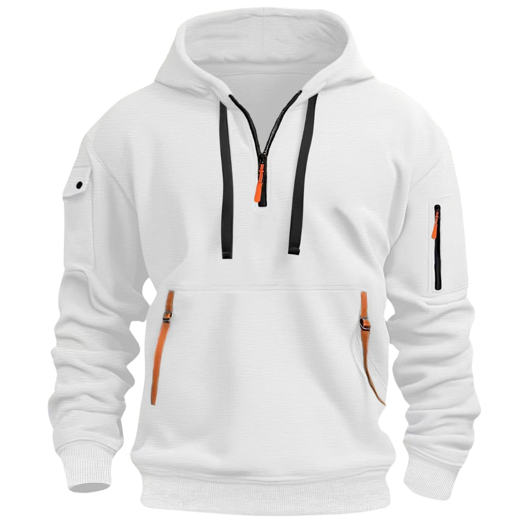 Mens hoodies with half zip and zip pockets, drawstring hood