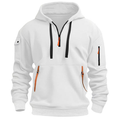Mens hoodies with half zip and zip pockets, drawstring hood