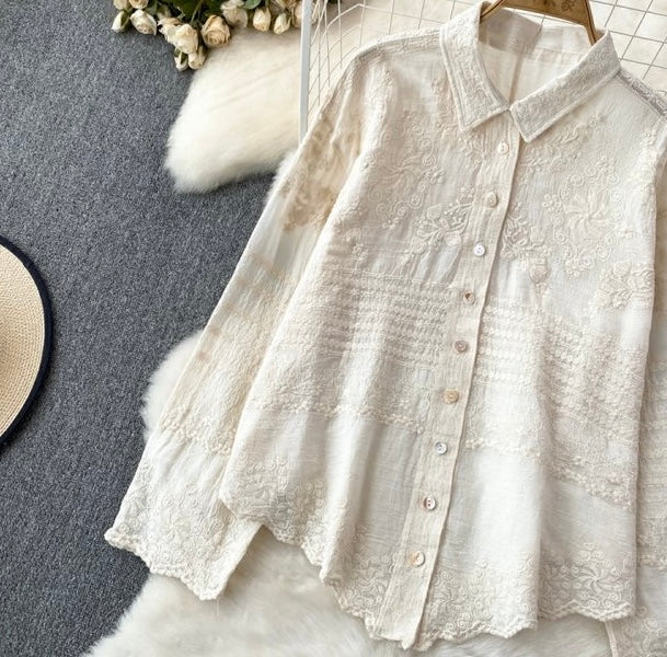 Embroidered shirts for women with button down front and long sleeves