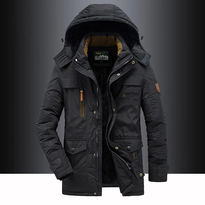 Hooded puffer jacket for men with zip up front and pockets