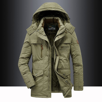 Hooded puffer jacket for men with zip up front and pockets