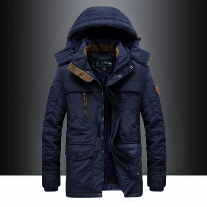 Hooded puffer jacket for men with zip up front and pockets
