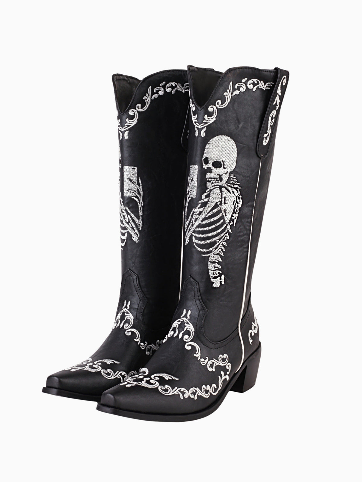 Knee high cowboy boots for women with skeleton embroidery and pull-on design
