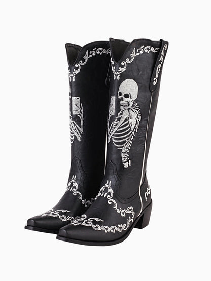 Knee high cowboy boots for women with skeleton embroidery and pull-on design